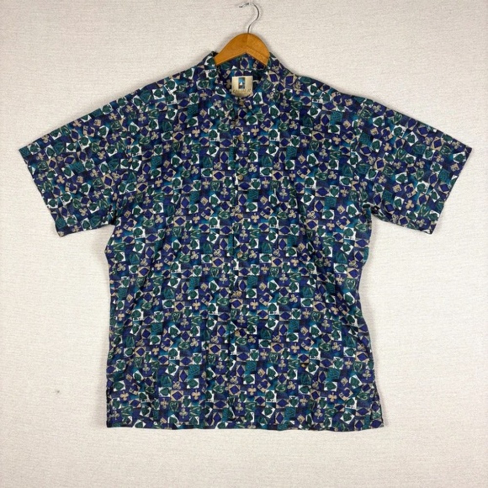 Vtg 70s Kahala Hawaiian Islands Mens XL Card Suit Print Cotton Short‎ Sleeve